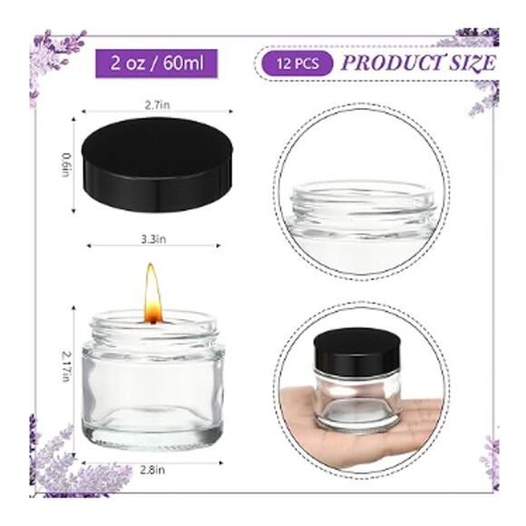 12 Pcs 2 oz Clear Round Glass Jars with Black Lids- Black, Clear - Picture 2 of 5